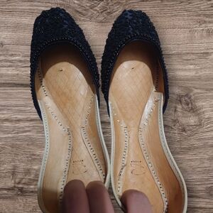 Jet black Khussa handmade/leather/non-slip/padded inner sole/beads W/ dabka work